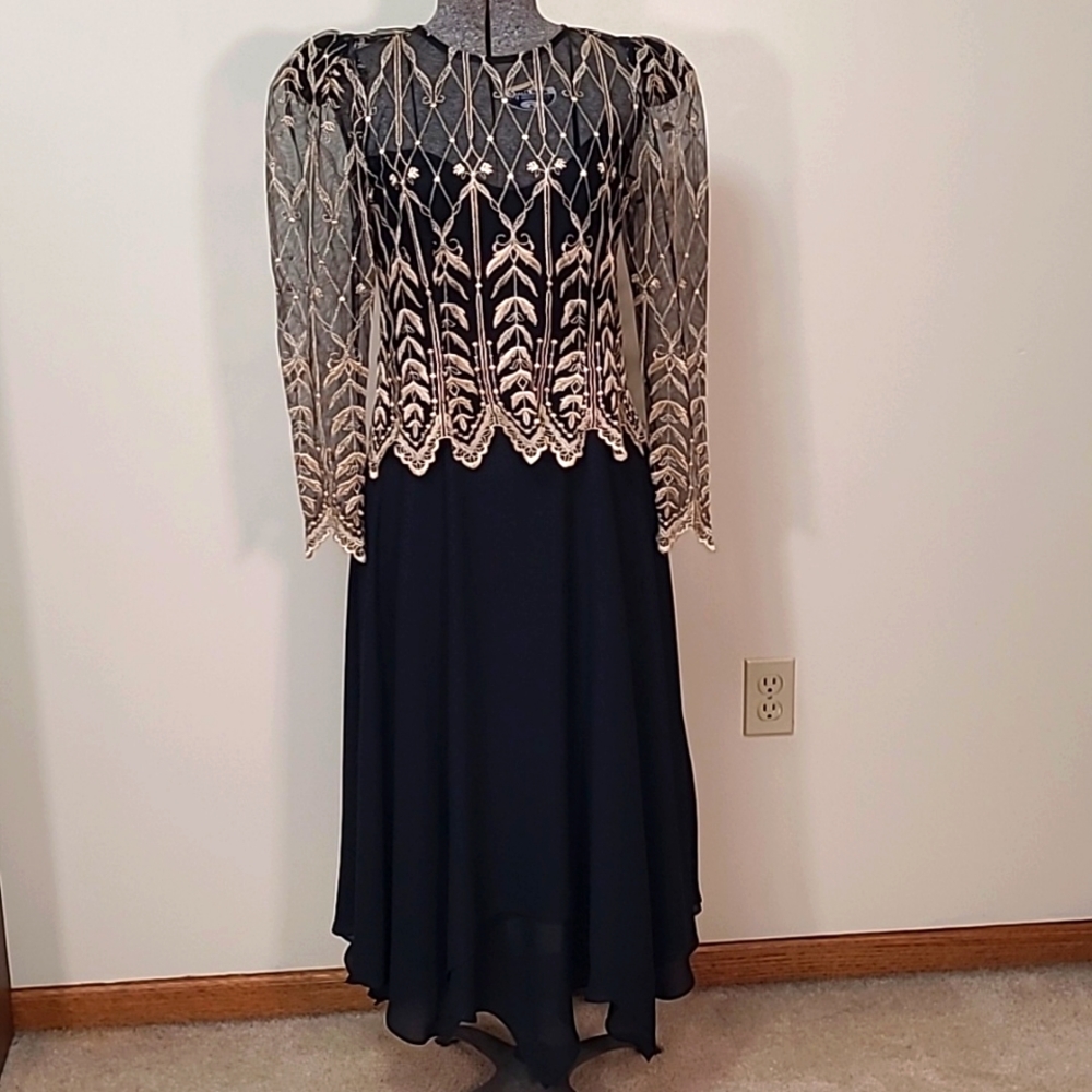 Cachet by Bari Protas Black & Gold Formal Maxi Dress Size 8